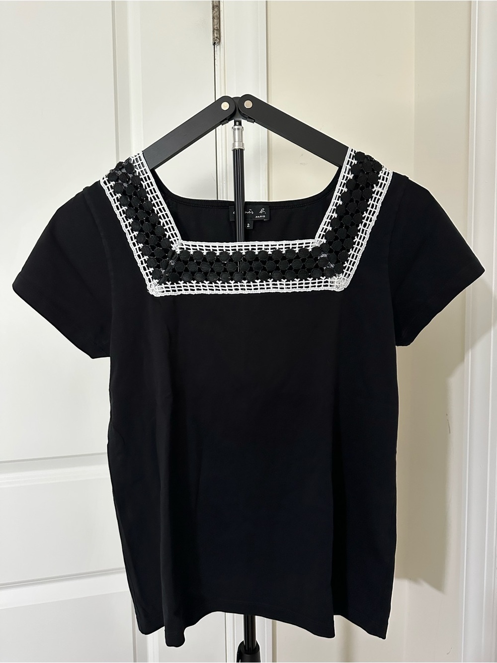 Agnes B. Black Short-Sleeve Top with White Crochet Square Neck